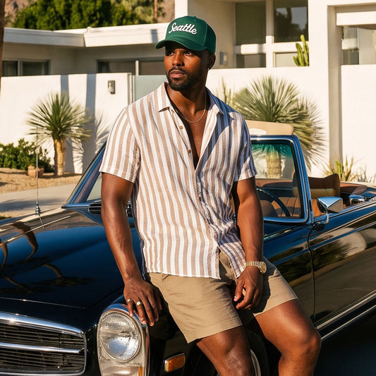 Camisa Homem Yes Zee Bege e Branca de Manga Curta às Riscas