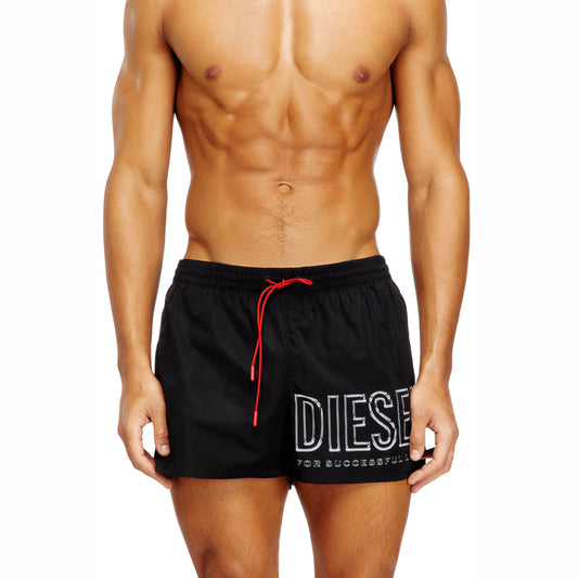Calções de Banho Homem Diesel Pretos com Logo Lateral e Cordão Vermelho