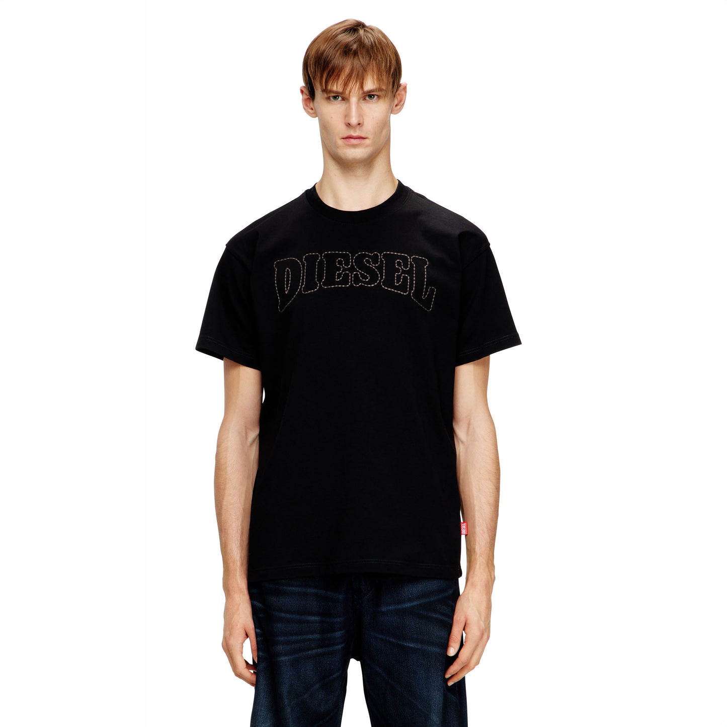 T-Shirt Homem Diesel Preta com Logo Frontal em Relevo
