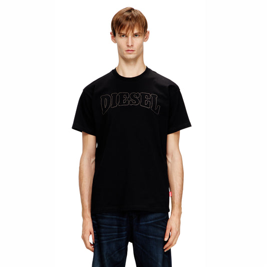 T-Shirt Homem Diesel Preta com Logo Frontal em Relevo
