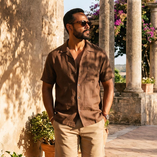 Camisa Homem Replay Castanha de Manga Curta com Bolso