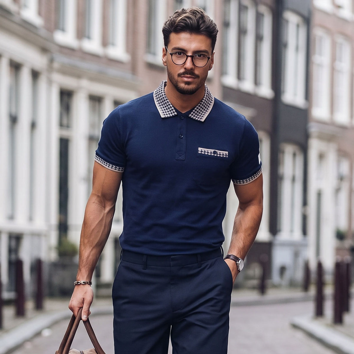 Polo Homem Yes Zee Azul-Marinho com Gola Estampada