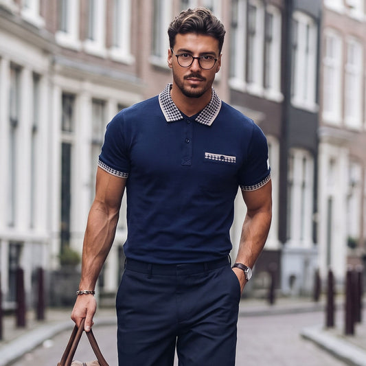 Polo Homem Yes Zee Azul-Marinho com Gola Estampada
