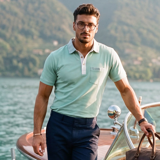Polo Homem Yes Zee Verde-Menta com Gola Contrastante