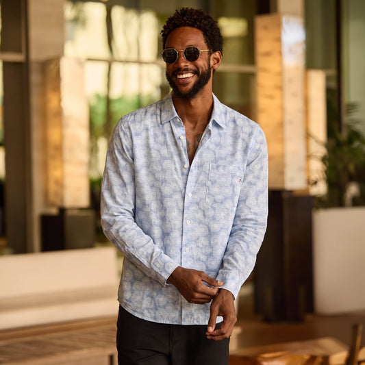 Camisa Homem Replay Azul Claro com Padrão Floral e Manga Comprida