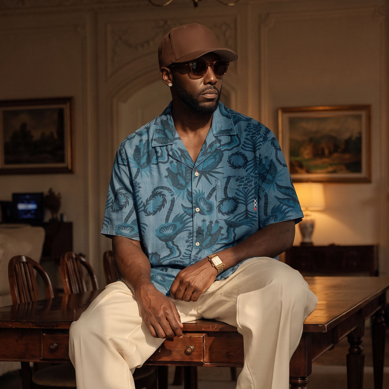Camisa Homem Scotch & Soda Azul com Estampado Botânico e Manga Curta