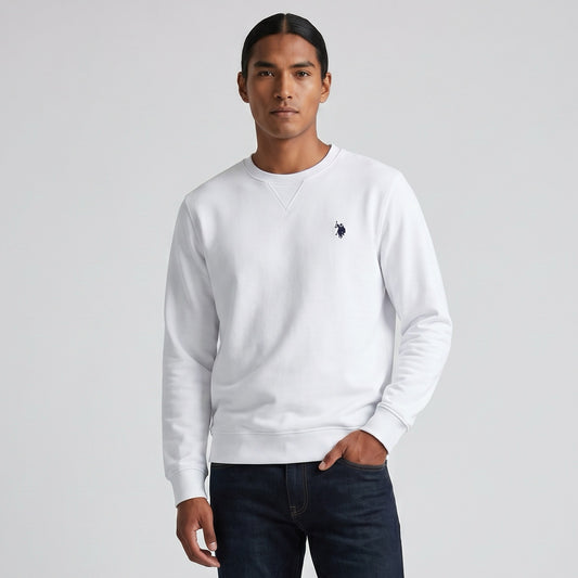Camisola Homem US Polo Branca com Logo Bordado no Peito e Gola Redonda