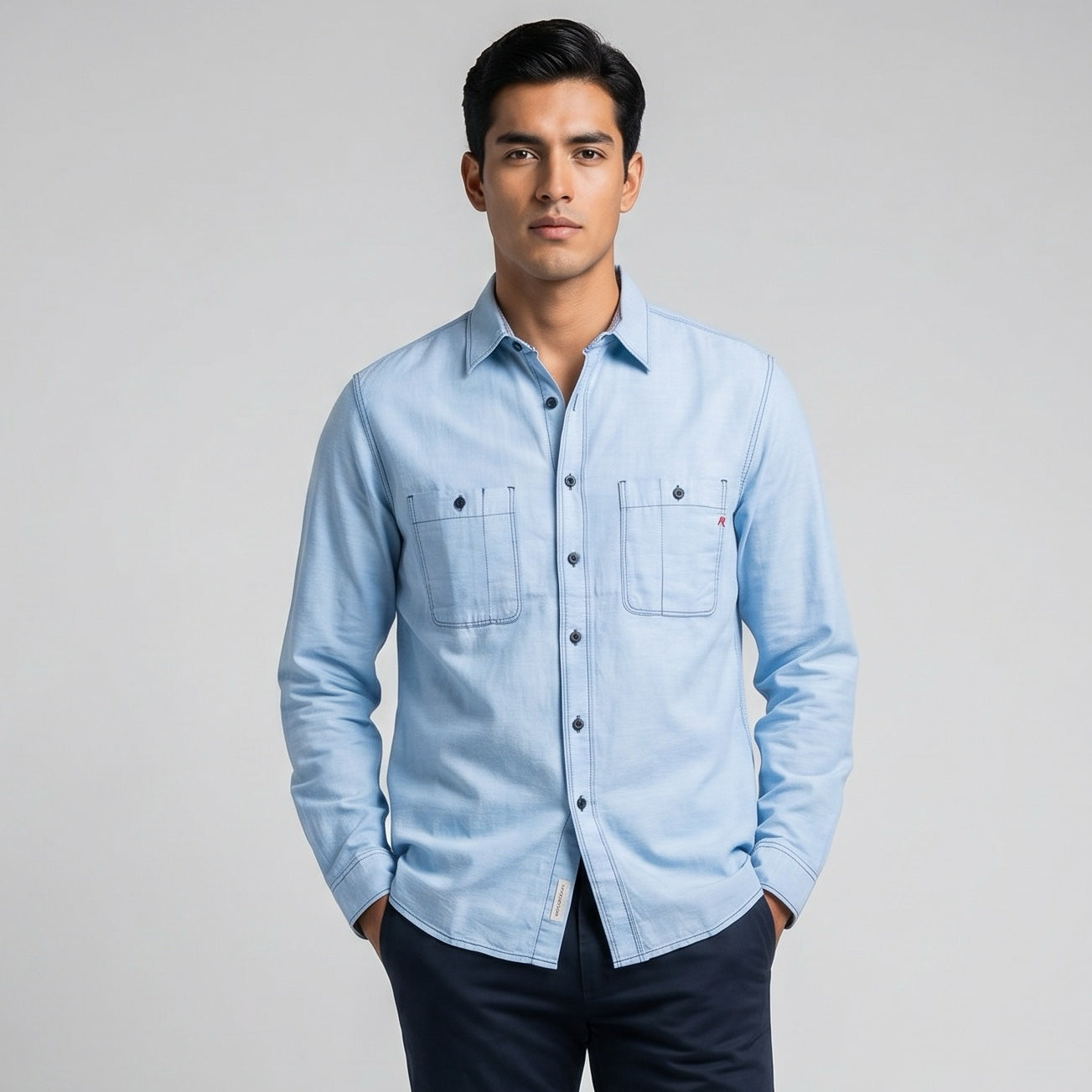 Camisa Homem Replay Azul Claro Denim com Bolsos Frontais e Manga Comprida