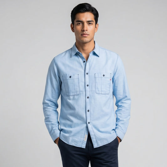 Camisa Homem Replay Azul Claro Denim com Bolsos Frontais e Manga Comprida