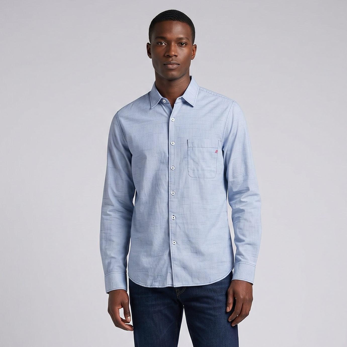 Camisa Homem Replay Azul Claro com Padrão Micro Estampado e Manga Comprida