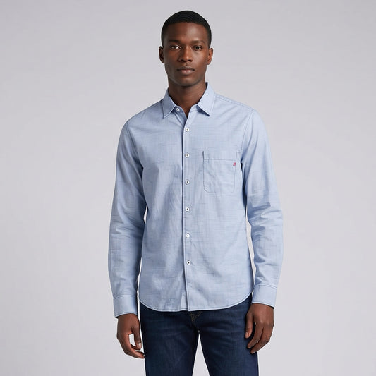 Camisa Homem Replay Azul Claro com Padrão Micro Estampado e Manga Comprida