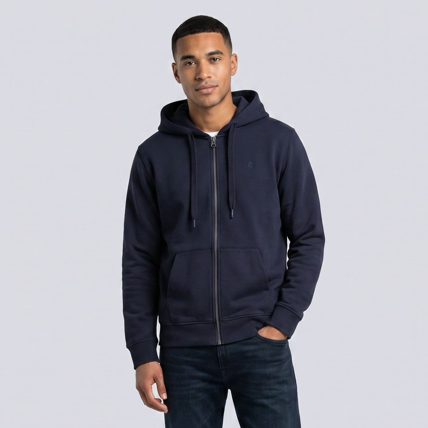 Sweatshirt com Capuz e Fecho Homem Replay Azul Escuro em Algodão com Bolsos e Ajuste com Cordão