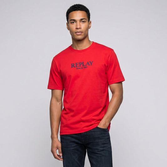 T-shirt Homem Replay Vermelho com Logo Frontal em Contraste em Algodão