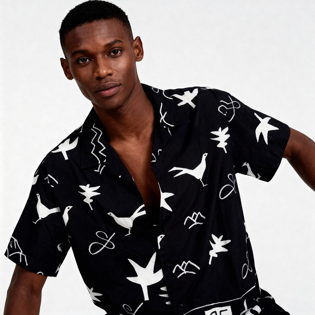 Camisa Homem Scotch & Soda Preta com Estampas de Pássaros