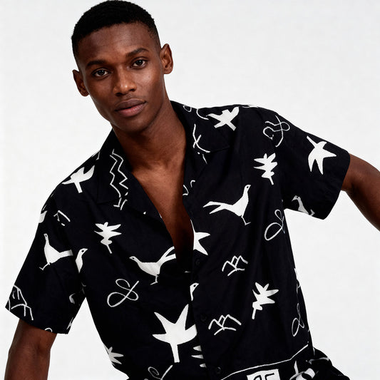 Camisa Homem Scotch & Soda Preta com Estampas de Pássaros