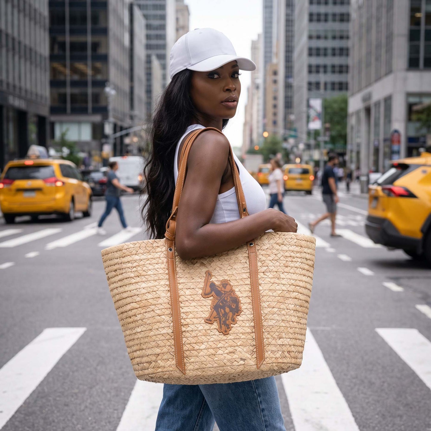 Bolsa Tote U.S. Polo Assn. Bege em Trançado com Alças Castanhas e Logótipo Frontal