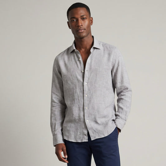Camisa Homem US Polo Cinza Claro com Botões Frontais e Manga Comprida