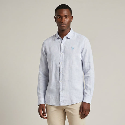 Camisa Homem US Polo Azul Claro com Botões Frontais e Manga Comprida