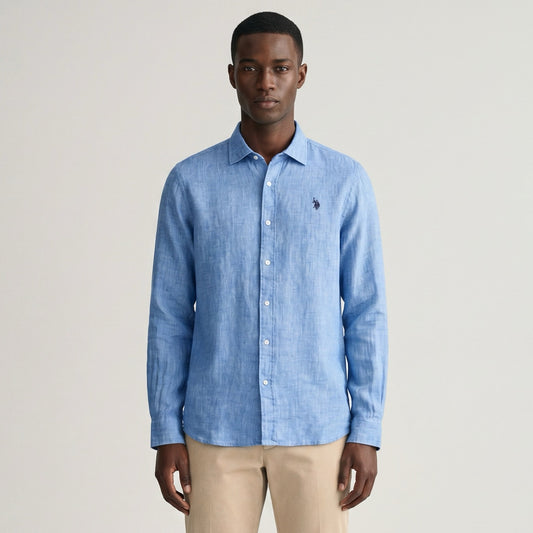 Camisa Homem US Polo Azul Médio com Botões Frontais e Manga Comprida