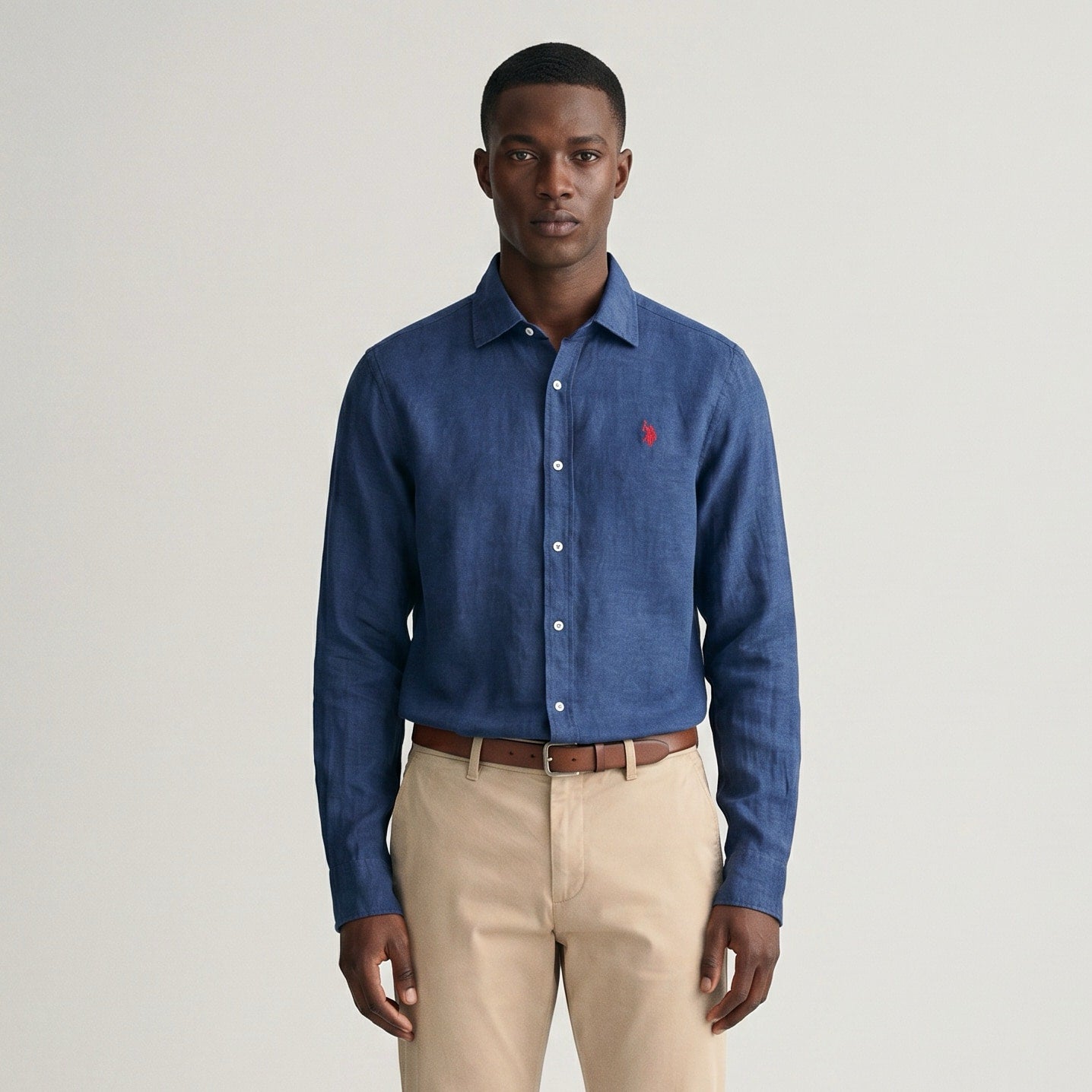 Camisa Homem US Polo Azul Escuro com Botões Frontais e Manga Comprida