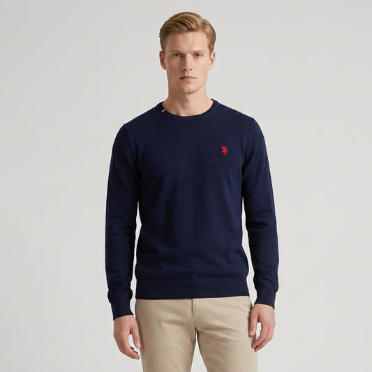 Camisola Homem US Polo Azul Escuro com Logo Bordado Contrastante e Gola Redonda
