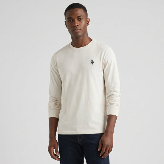 Camisola Homem US Polo Branca com Logo Bordado no Peito e Gola Redonda