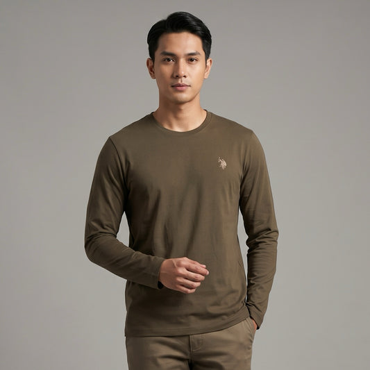 Camisola Homem US Polo Verde Oliva com Logo Bordado no Peito e Gola Redonda