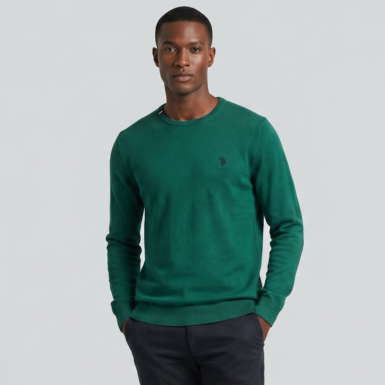 Camisola Homem US Polo Verde com Logo Bordado Contrastante e Gola Redonda