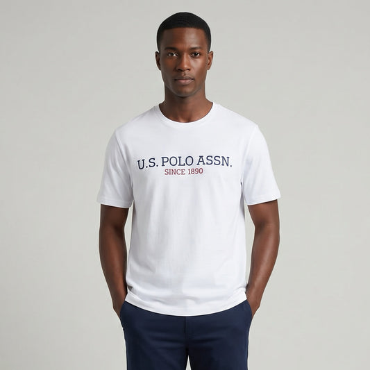 T-shirt Homem US Polo Branca com Logo Frontal e Texto Gráfico