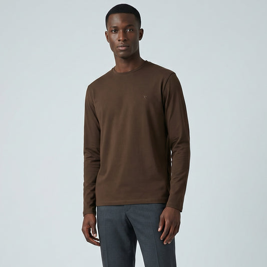 Camisola Homem Yes Zee Castanha Minimalista com Gola Redonda