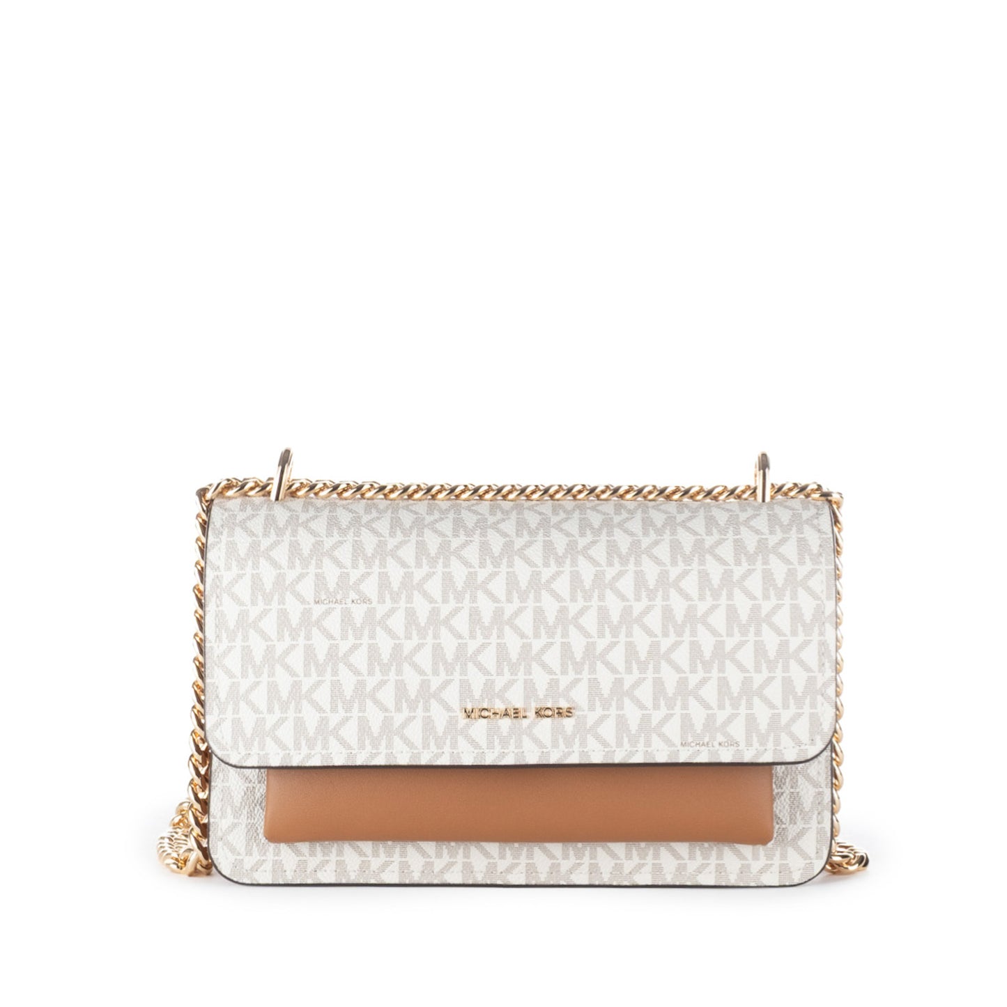 Bolsa Tiracolo Michael Kors Bege com Monograma MK e Corrente Dourada