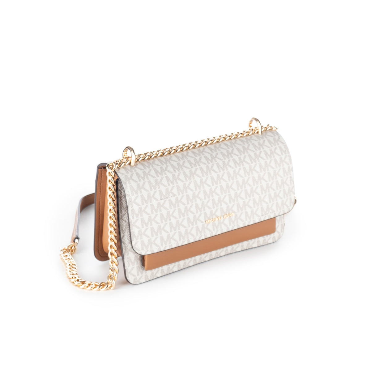Bolsa Tiracolo Michael Kors Bege com Monograma MK e Corrente Dourada