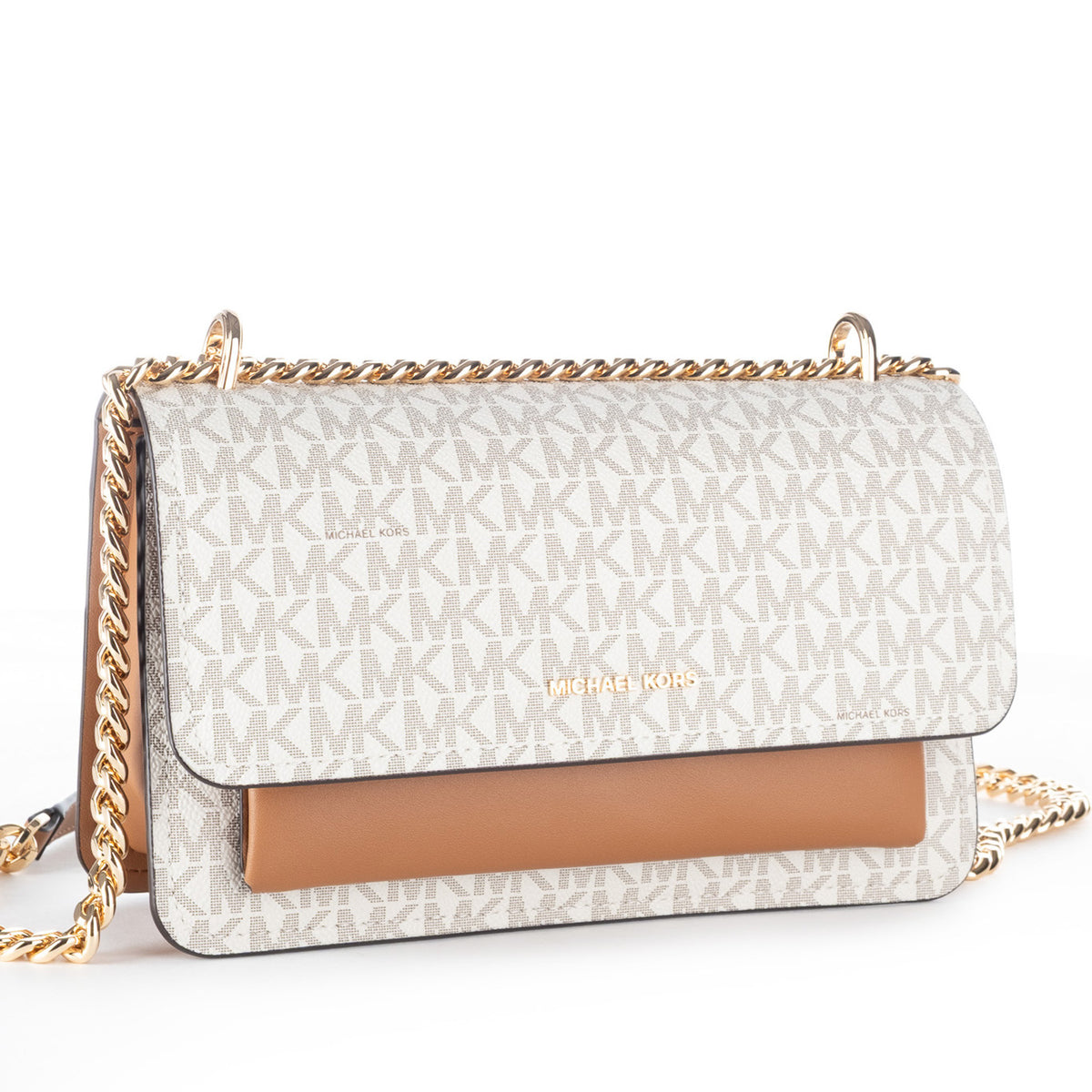 Bolsa Tiracolo Michael Kors Bege com Monograma MK e Corrente Dourada