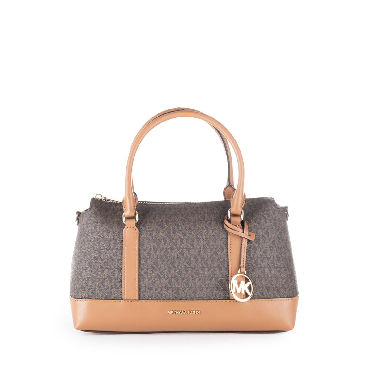 Bolsa Satchel Michael Kors Castanha com Monograma MK e Detalhes Camel