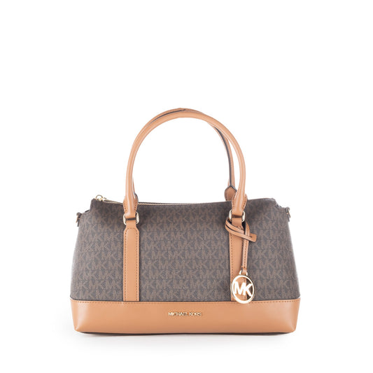 Bolsa Satchel Michael Kors Castanha com Monograma MK e Detalhes Camel