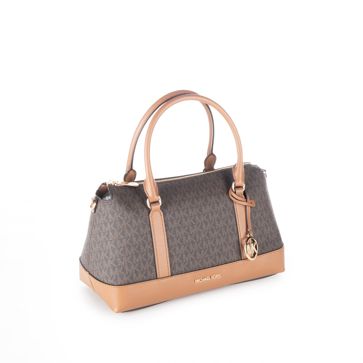 Bolsa Satchel Michael Kors Castanha com Monograma MK e Detalhes Camel