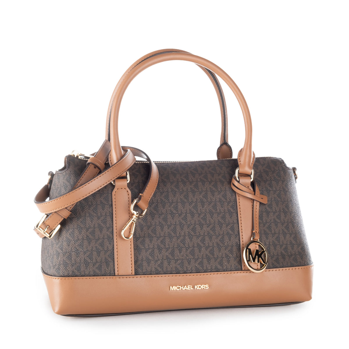 Bolsa Satchel Michael Kors Castanha com Monograma MK e Detalhes Camel