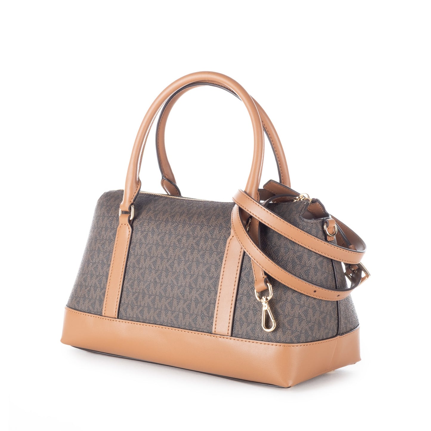 Bolsa Satchel Michael Kors Castanha com Monograma MK e Detalhes Camel