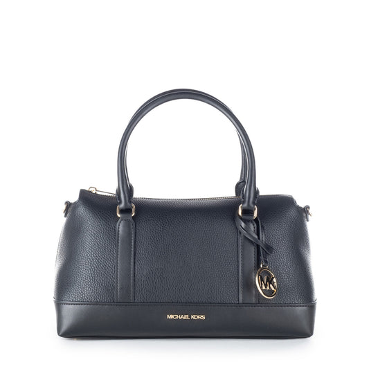 Bolsa Satchel Michael Kors Preta com Monograma MK e Detalhes Dourados