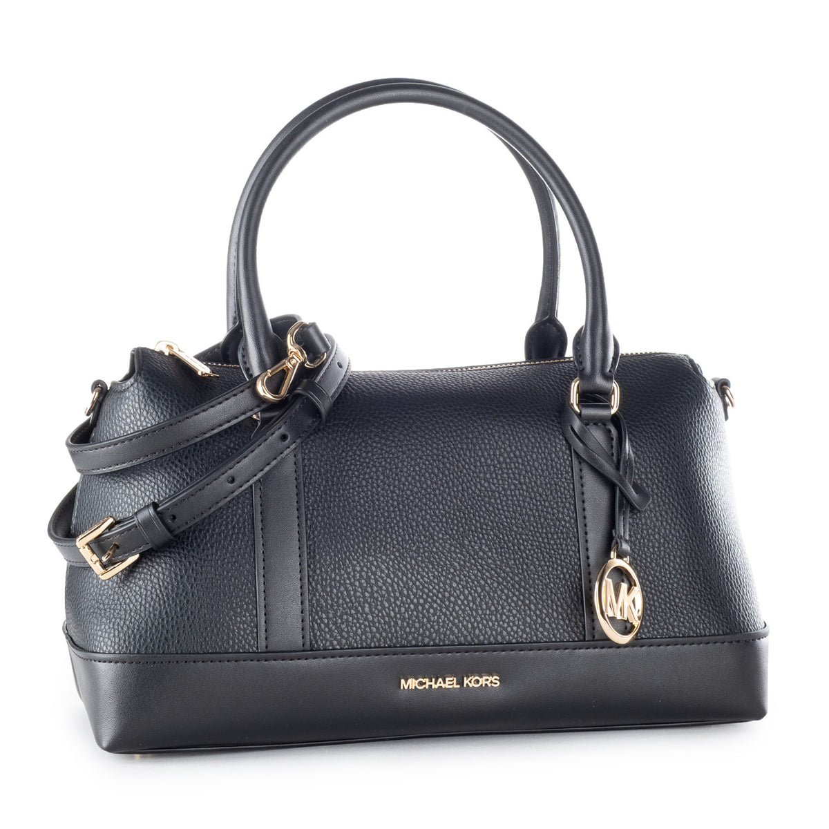 Bolsa Satchel Michael Kors Preta com Monograma MK e Detalhes Dourados