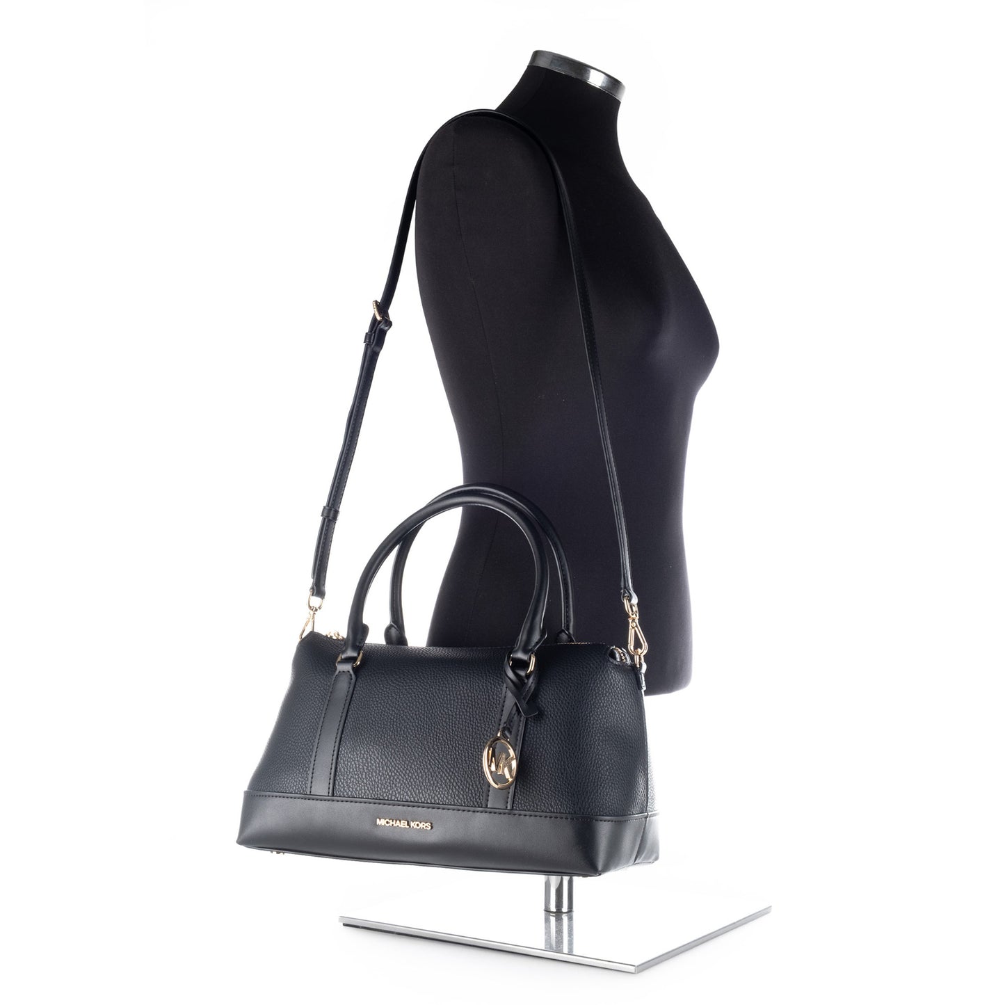Bolsa Satchel Michael Kors Preta com Monograma MK e Detalhes Dourados