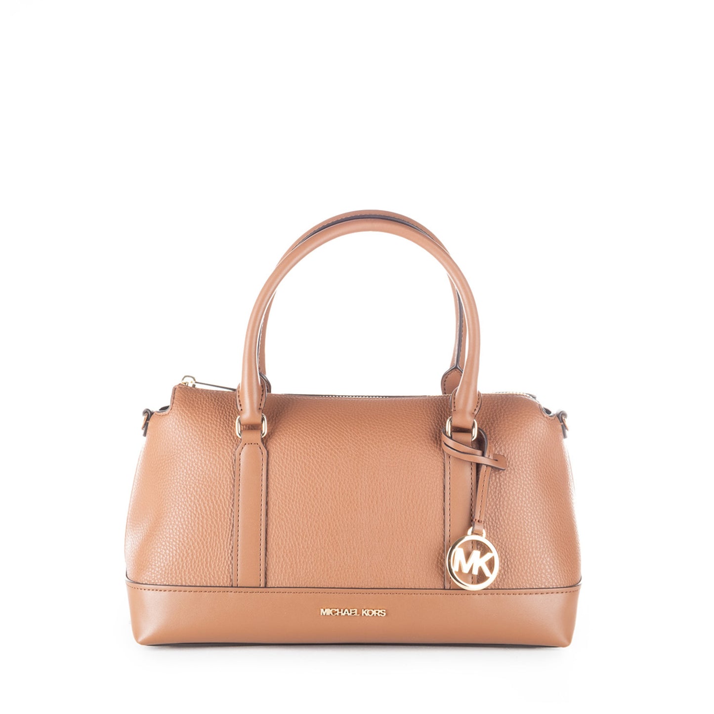 Bolsa Satchel Michael Kors Castanha com Monograma MK e Detalhes Dourados