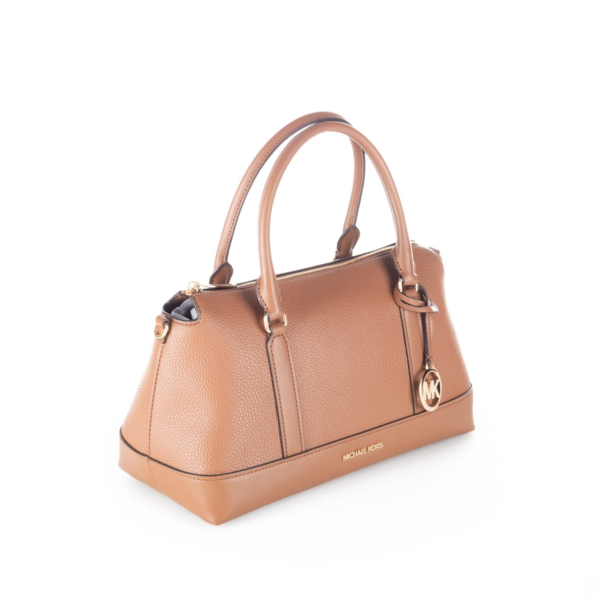 Bolsa Satchel Michael Kors Castanha com Monograma MK e Detalhes Dourados
