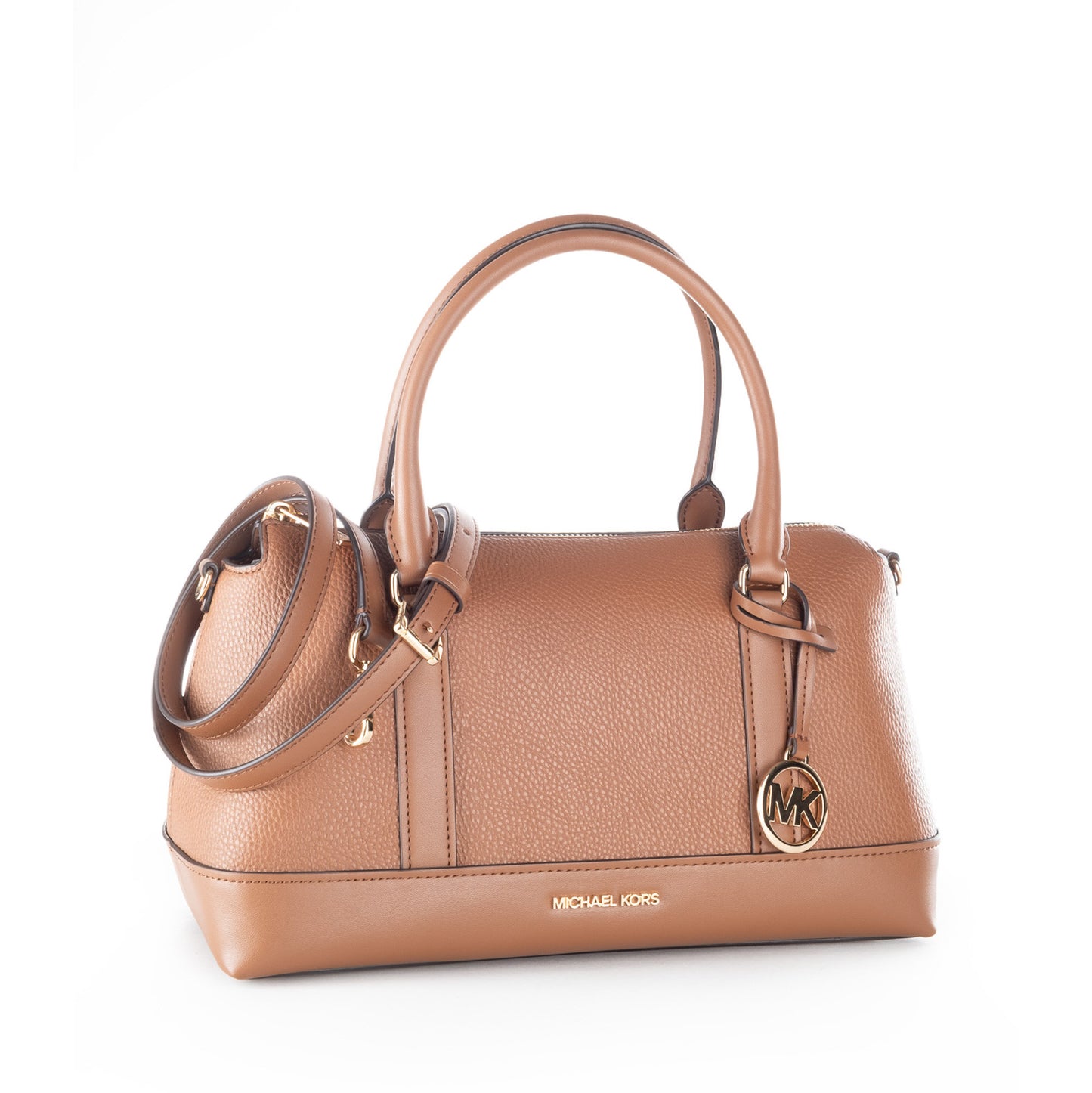 Bolsa Satchel Michael Kors Castanha com Monograma MK e Detalhes Dourados