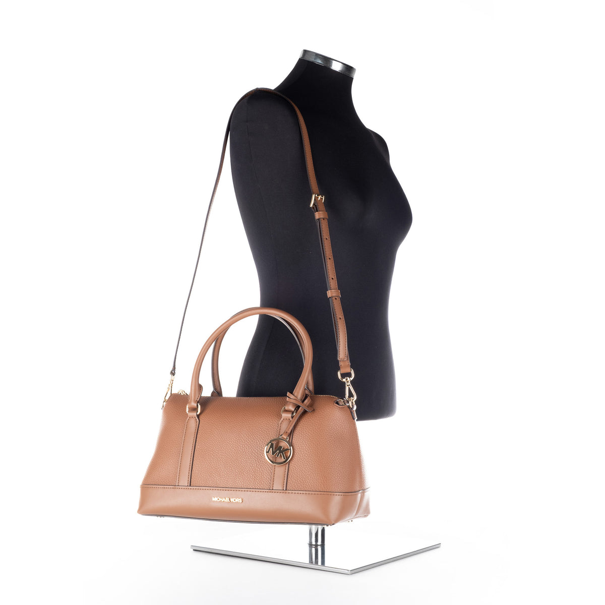 Bolsa Satchel Michael Kors Castanha com Monograma MK e Detalhes Dourados