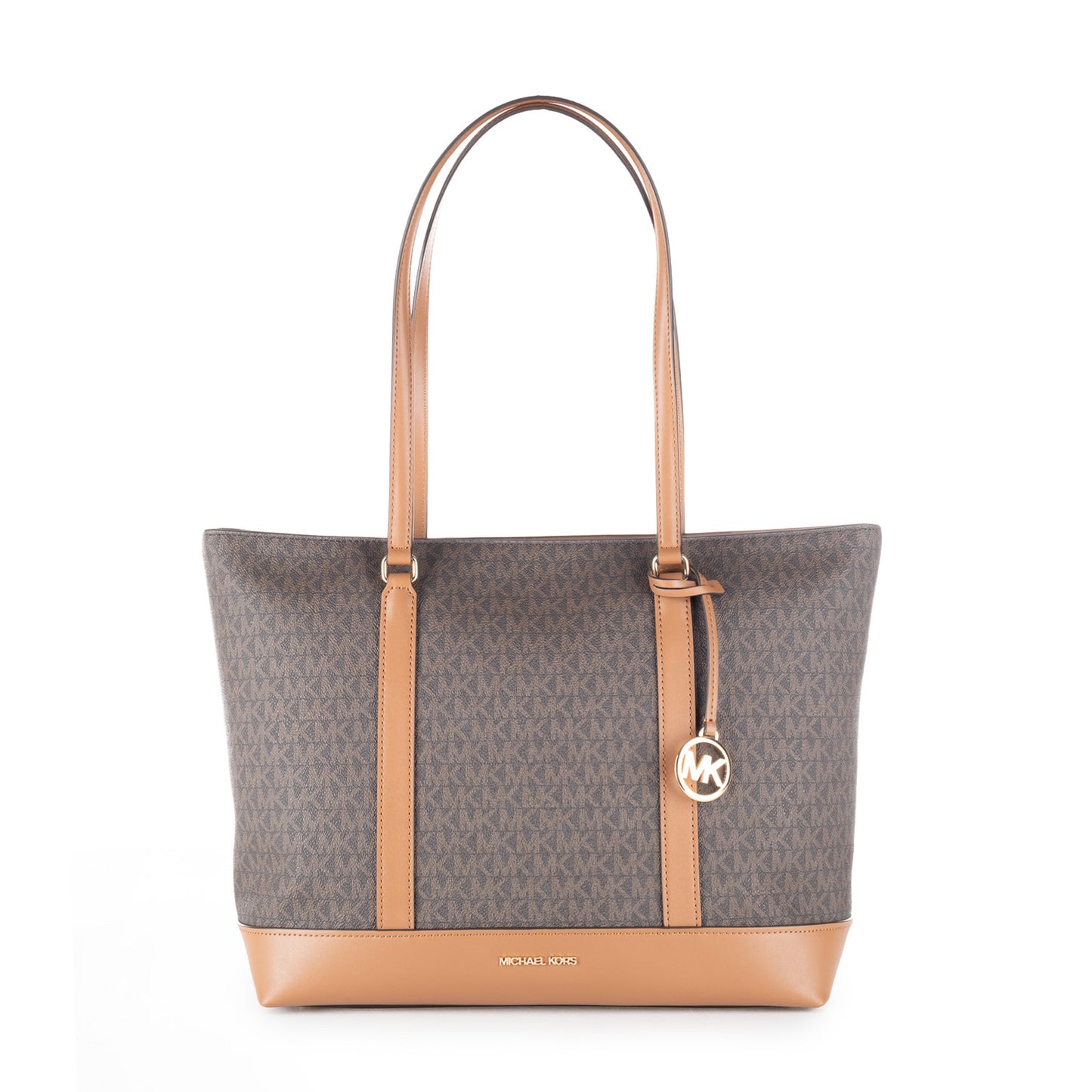Bolsa Tote Michael Kors Castanha com Monograma MK e Detalhes Camel