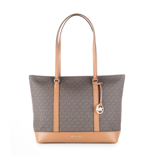 Bolsa Tote Michael Kors Castanha com Monograma MK e Detalhes Camel