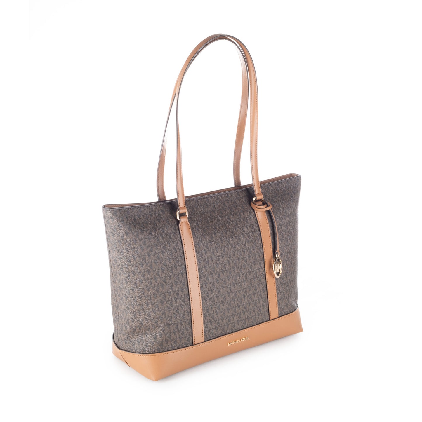 Bolsa Tote Michael Kors Castanha com Monograma MK e Detalhes Camel