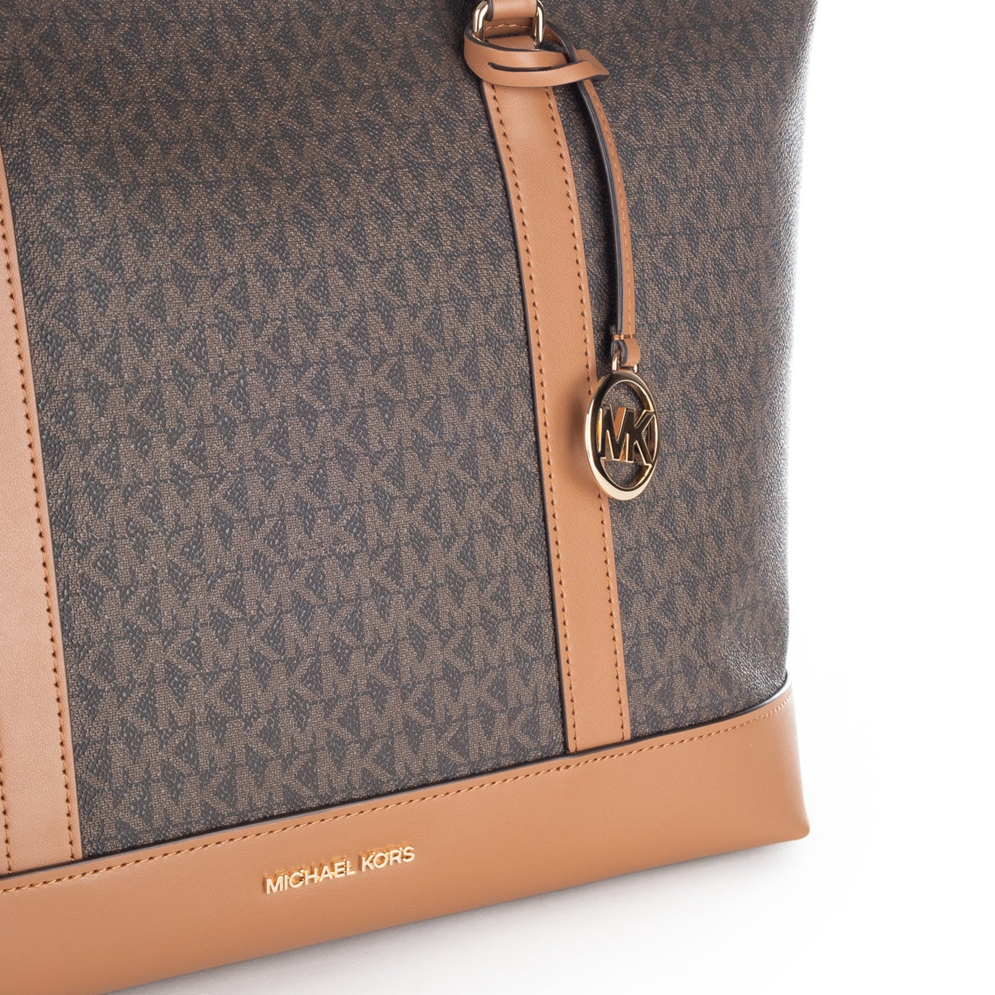 Bolsa Tote Michael Kors Castanha com Monograma MK e Detalhes Camel