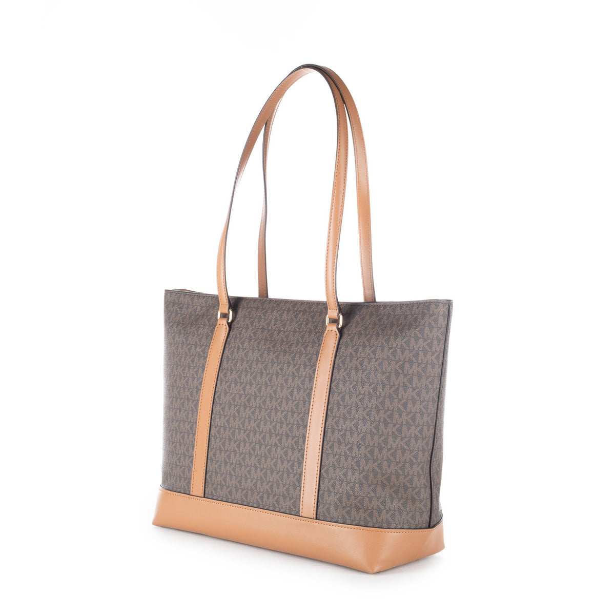 Bolsa Tote Michael Kors Castanha com Monograma MK e Detalhes Camel